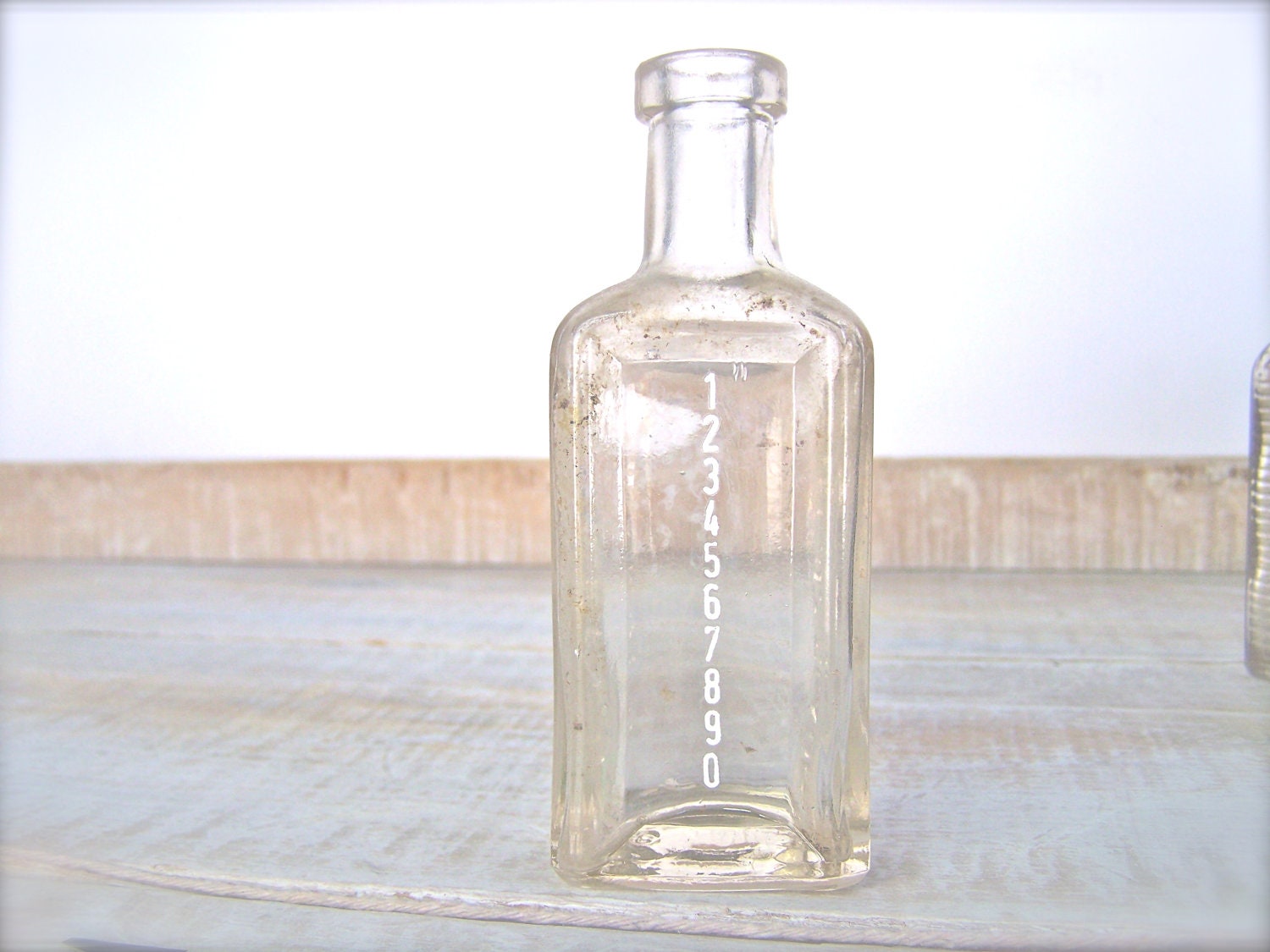 Industrial Numbers Decor // Old Mini Glass Apothecary Bottle // Urban Farmhouse Vase // Shabby Chic Cottage Home Decor