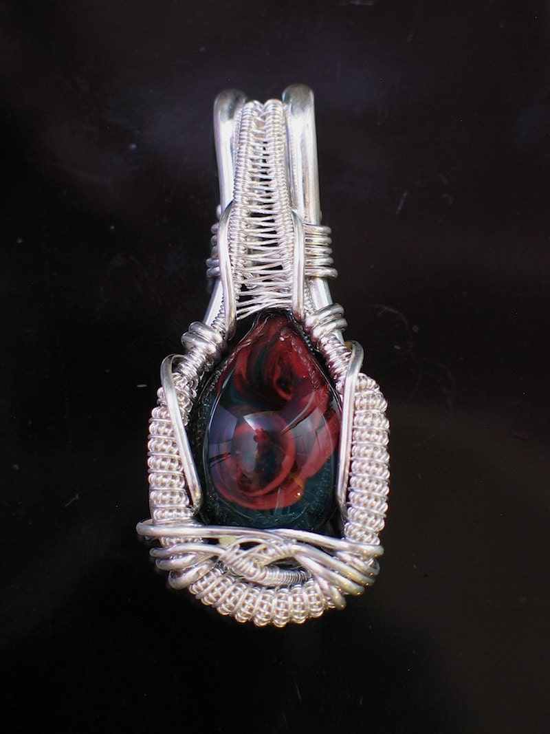 Lampwork Glass Wire Wrapped Pendant in Silver