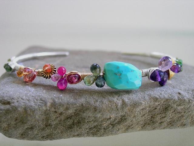 Color Ch'i...Amethyst Ruby Turquoise Sapphire Sterling 14k Gold Filled Signature Original Cuff Bracelet