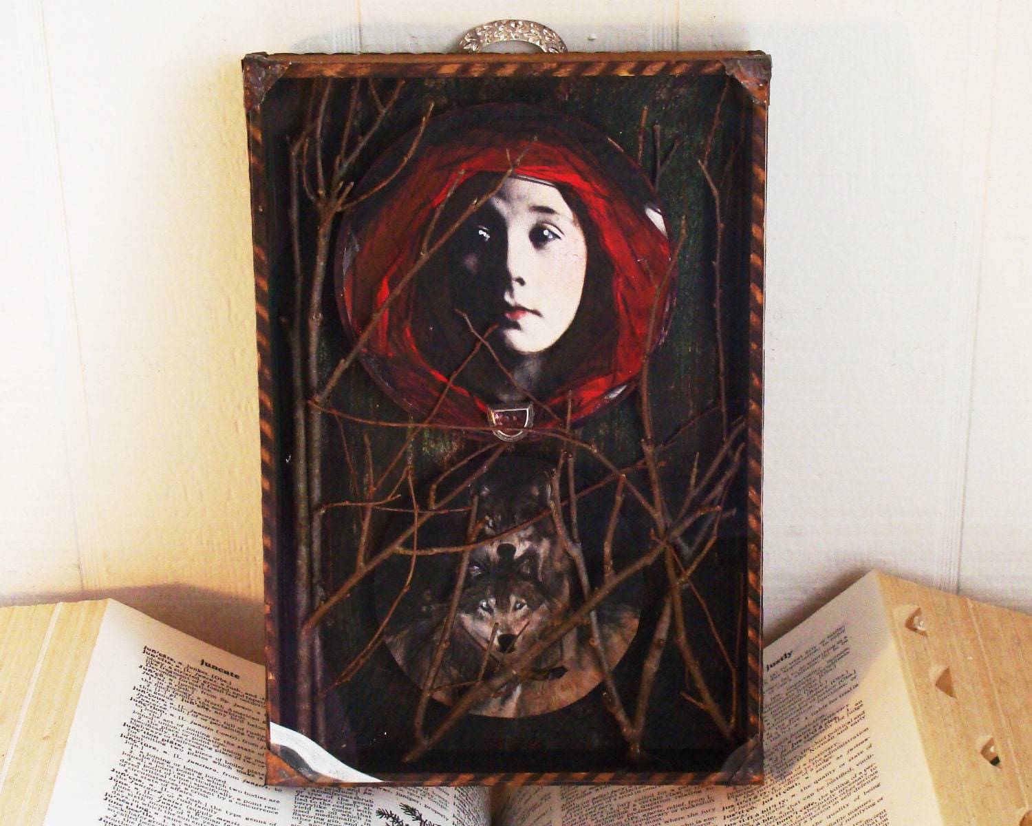 RESERVED - Little Red Riding Hood - Variation VIII - Mixed Media Asemblage with Wolves - Story Book Fairy Tale Home Decor
