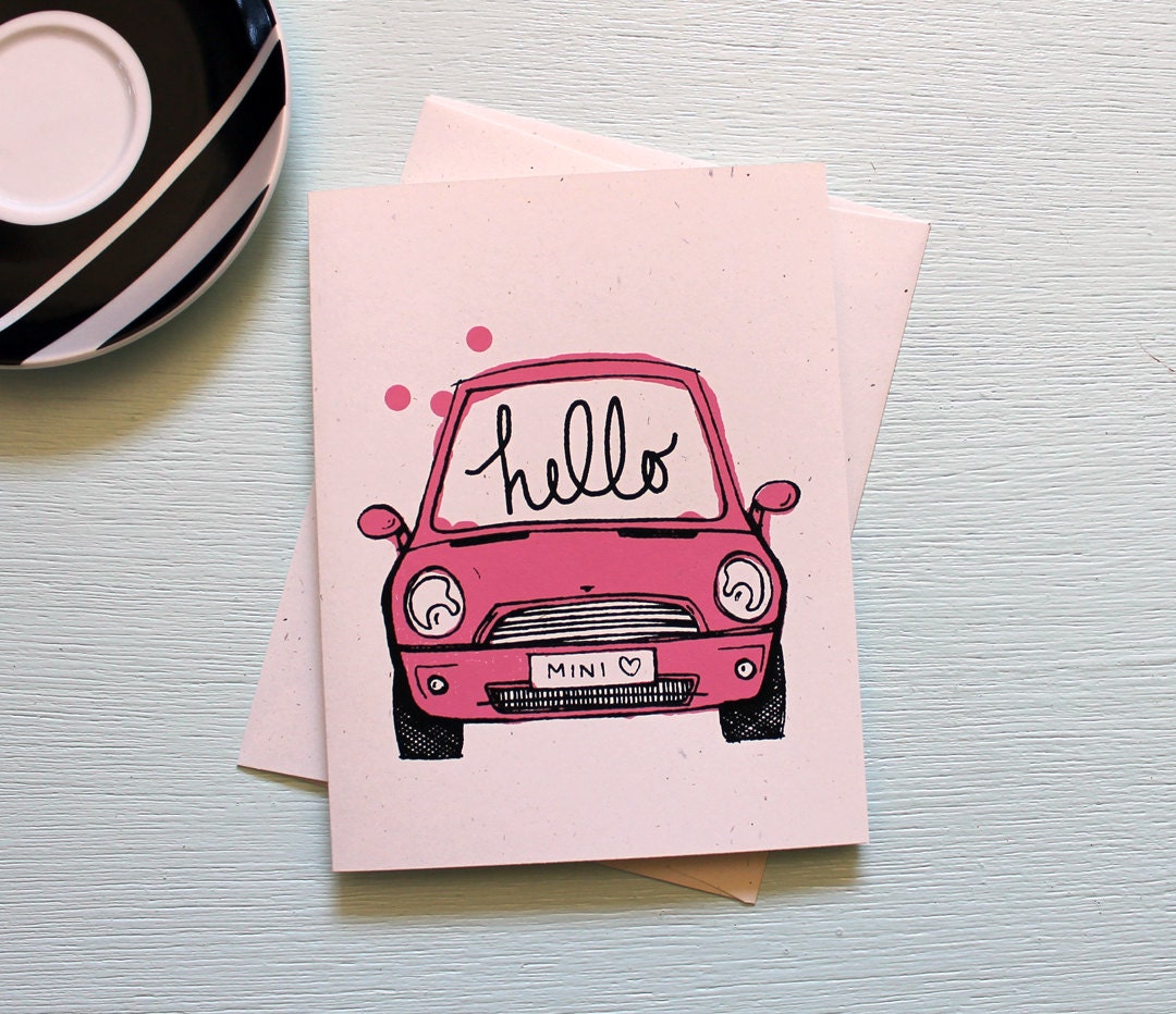 Hello MINI Cooper Card. Hand Screen Printed in Pink.