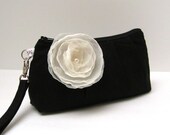 Bridal Clutch Purse Rectangular Wristlet  Black with Ivory Cream Flower Brooch