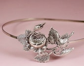 Rose headband vintage style silver finish antique bridal floral