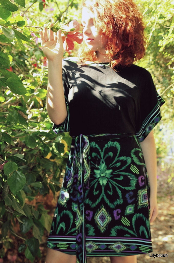 SALE  black kimono dress with a green tribal flower print - 59 instead of 99 dollars