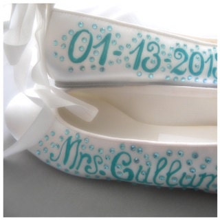 Wedding shoes white ballerina flats  Tiffany Blue custom names I do crystals Pure colorful gems
