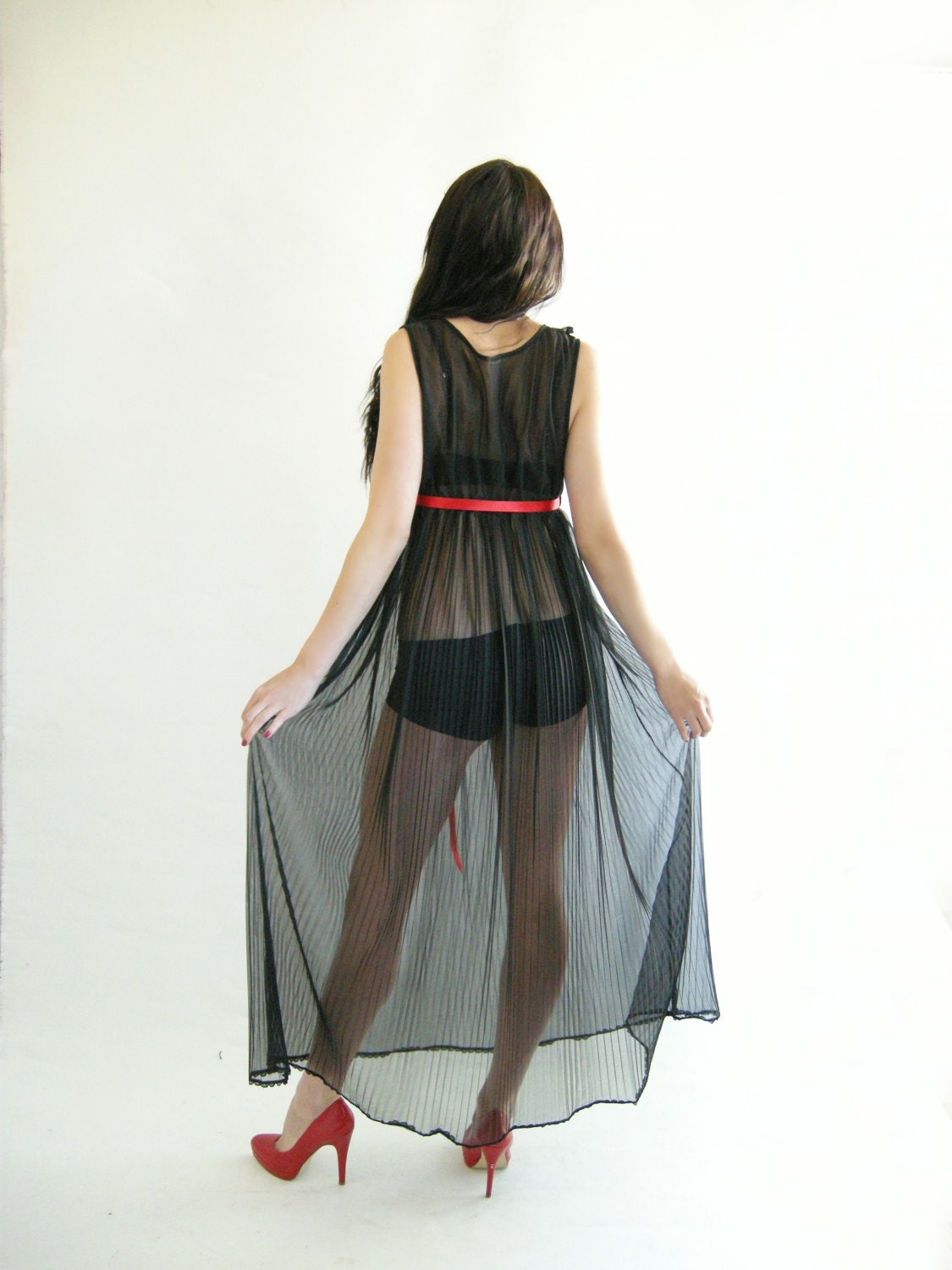 CHIFFON Nightgown Vintage 70s Negligee M Crystal Pleats Sheer Black Sweep