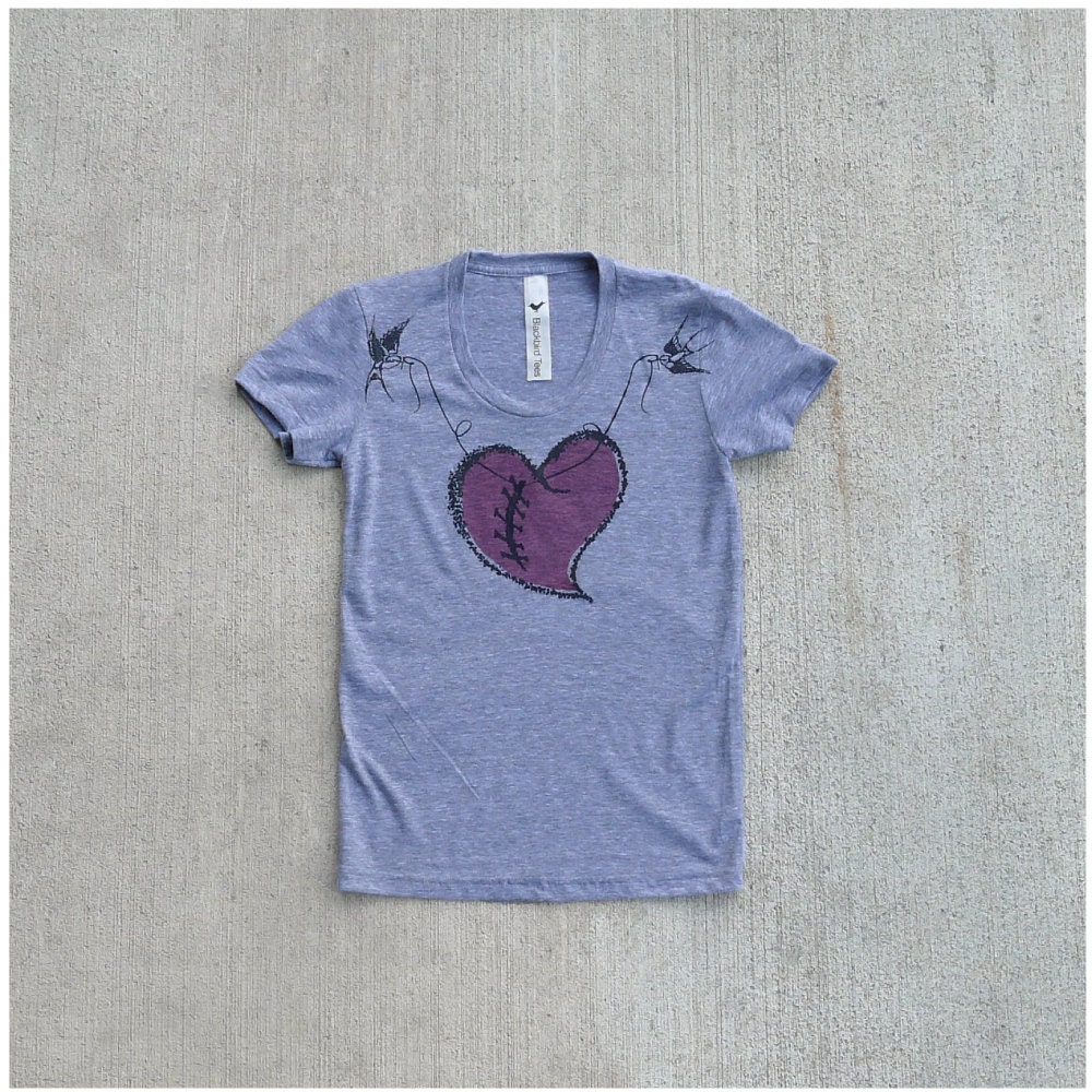 The Rebound - womens t shirt - M-XL - ruby red heart in stitches on heather gray track tees - gift for her
