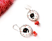 Earrings  with .925 Sterling Silver Post - Polkadots cat. Glass jewelry. Cat earrings.