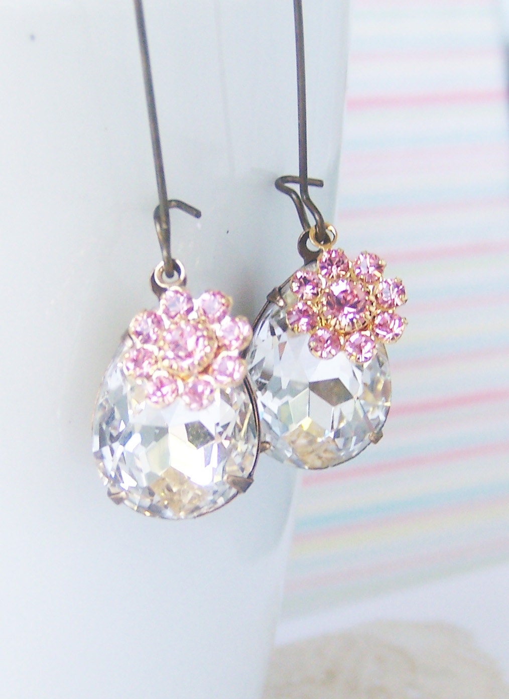 Glass Jewel Earrings, Crystal Flower Earrings, Antiqued Brass, Bridesmaid Earrings, Gift