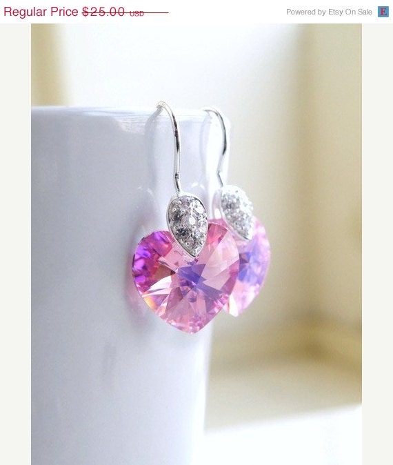 15% Off Sale Pink Swarovski Crystal Heart Earrings CZ Sterling Silver Dangle Valentines Violet Bridesmaid Jewelry Wedding Jewelry