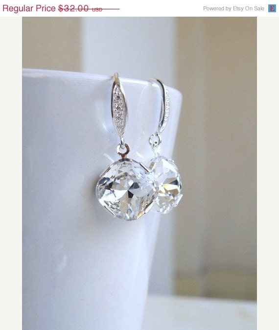 15% Off Sale White Swarovski Crystal Earrings Wedding Jewelry Bridal Earrings White Foiled Cushion Stone Sterling silver Estate Style