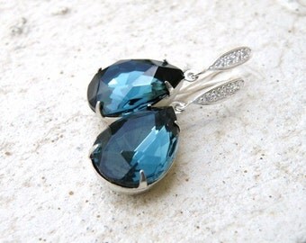 Sapphire Jewelry Wedding Jewelry Bridal Earrings Montana Navy Blue Teardrop Stone Silver CZ Hook Earrings Estate Style