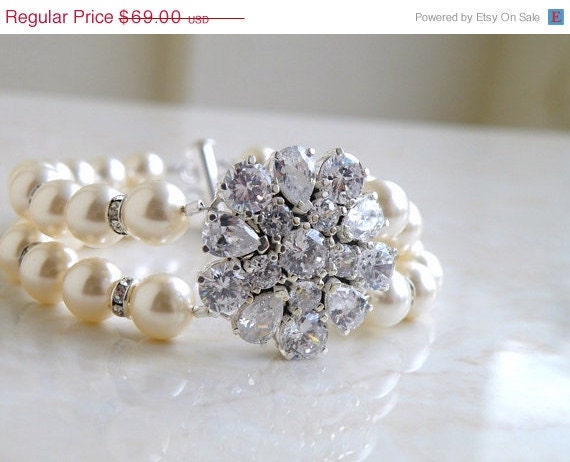 15% Off Sale Bridal Bracelet Ivory Swarovski Pearl Cubic Zirconia Sterling Silver Brooch Bracelet - Bianca B43 Wedding Jewelry