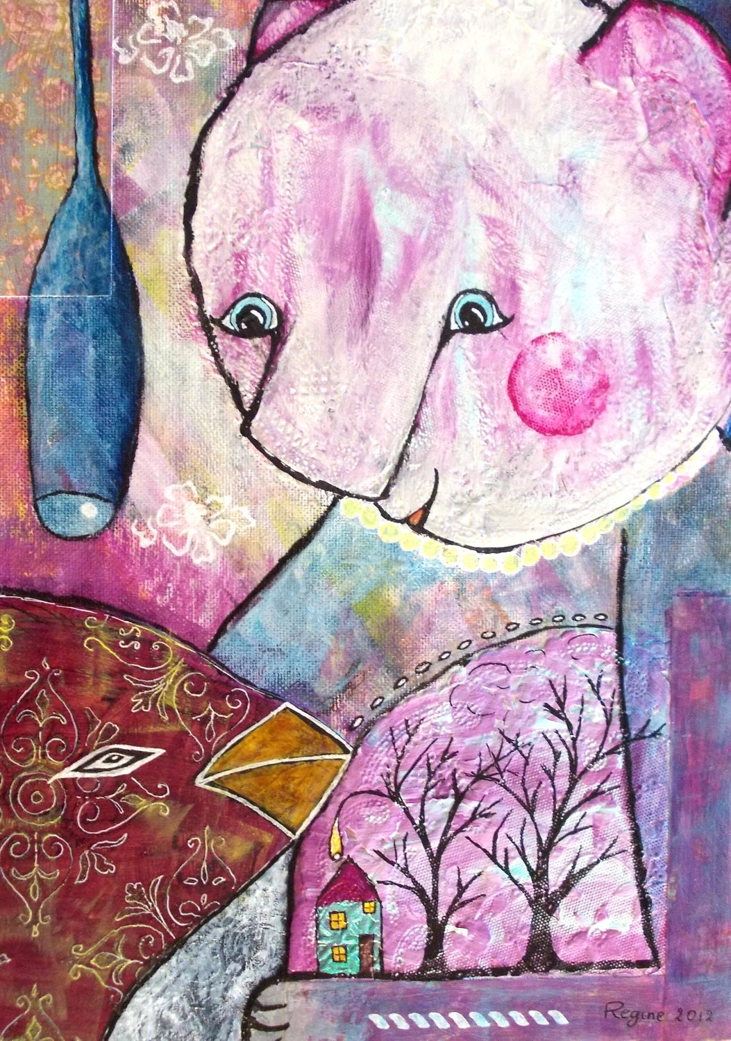 FRIENDS, Mixed Media ORIGINAL, bird and animal, imaginary cat, acrylic modern painting drawing tree of life house collage illustration