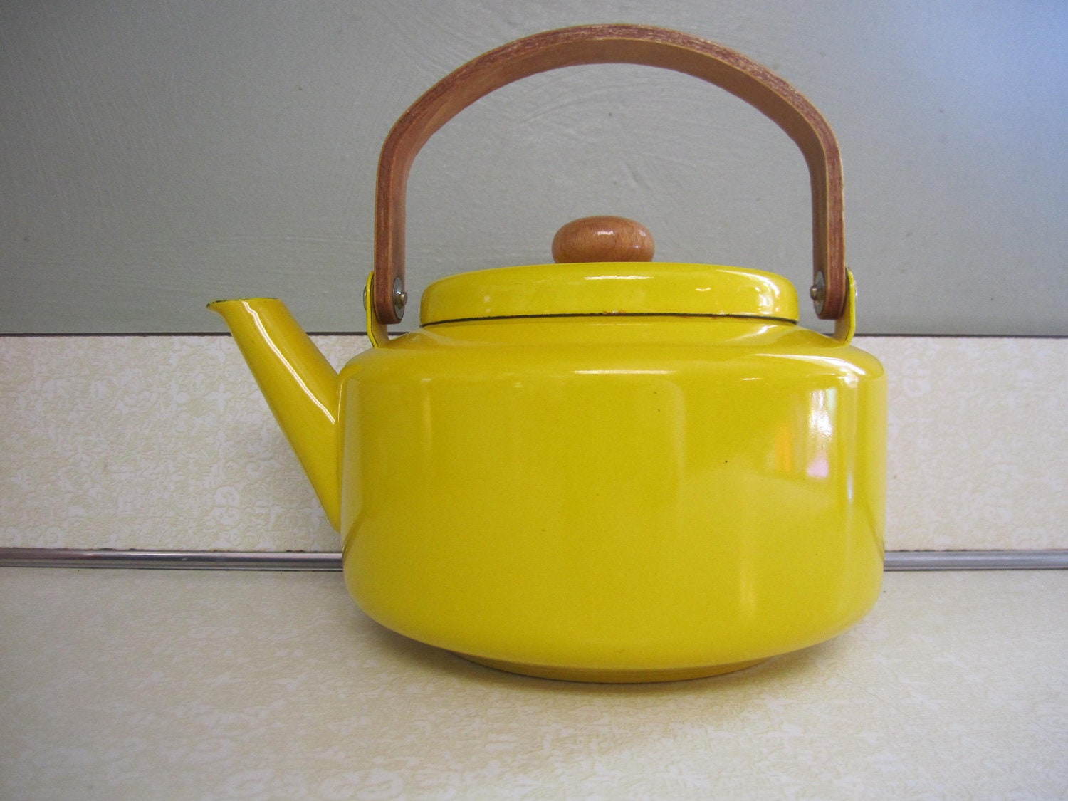 Vintage Yellow Tea Kettle Enamel Wood Handle by DoNotDestroy