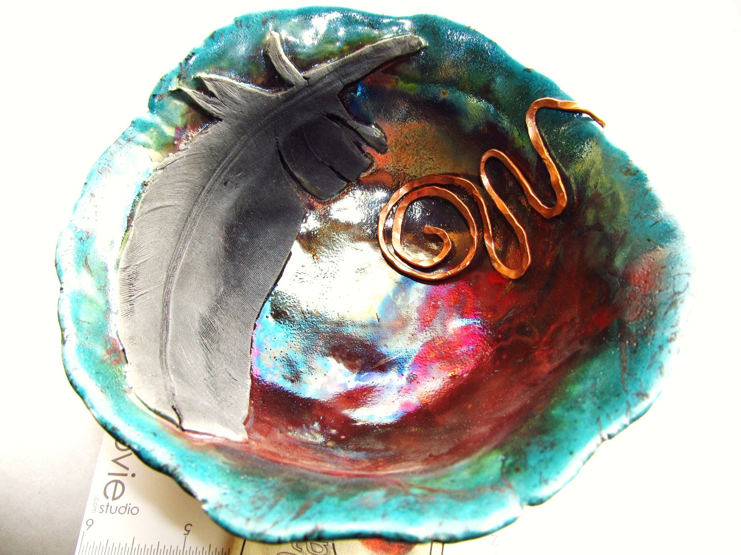 Ceramics and Pottery Bowl - Raku Pottery Turquoise Feather Dish - Hammered Copper Adorned