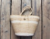 Vintage Straw Tote Bag / Hand Bag Polka Dot Striped