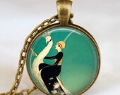 Art deco jewelry ,Art deco necklace Vogue of Woman and White Peacock , resin art pendant necklace  with gift box