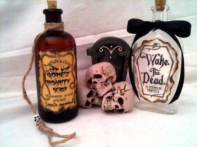MORTICIA and GOMEZ potion poison bottle props ADDAMS Family Halloween alchemy