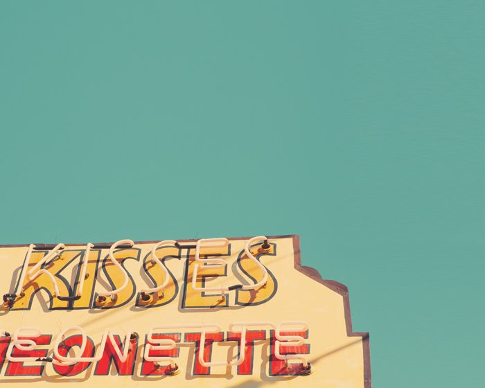 Maine coast, candy kiss, vintage neon sign, mid century, retro modern, teal, amber, red, romantic photo, whimsical, seaside