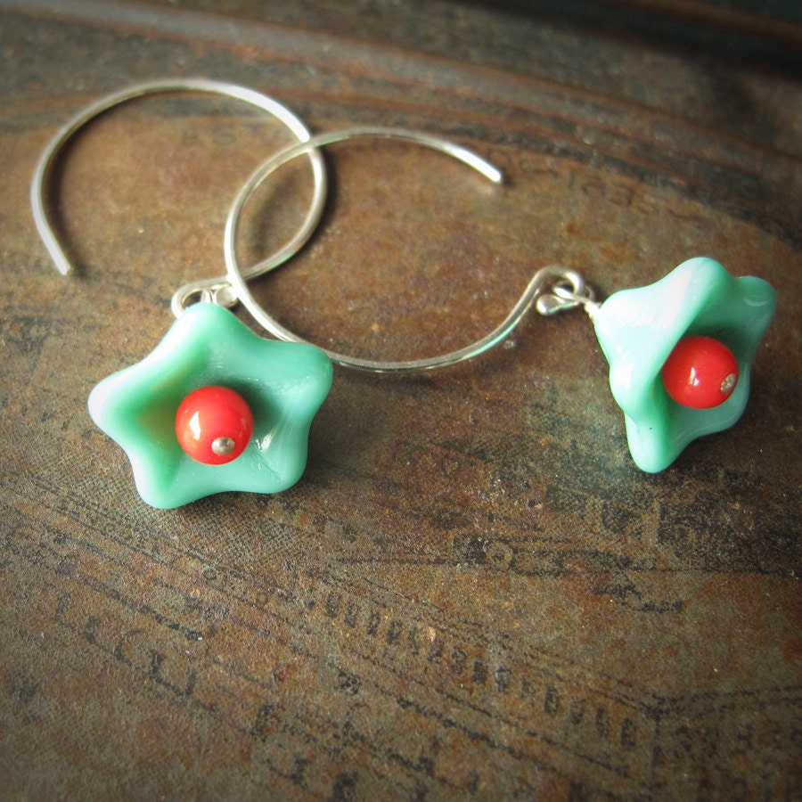 Sterling Silver Bead Earrings - Turquoise and Red Glass