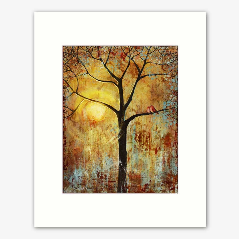 Art Print Red Love Birds Tree Couple with 16X20 mat Wall Decor Sunshine Sunny Cozy Farmhouse