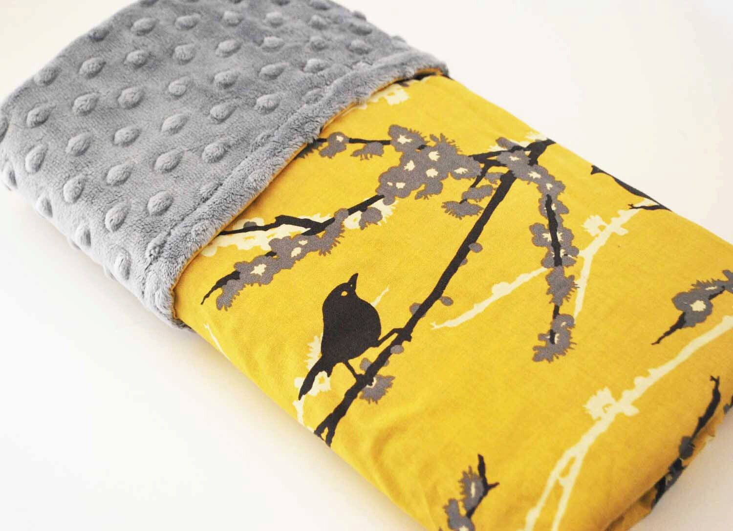 AVIARY BABY mini Blanket......Gorgeous mustard aviary cotton print with gray minky dimples, Lovely neutral baby shower gift - YATOIL