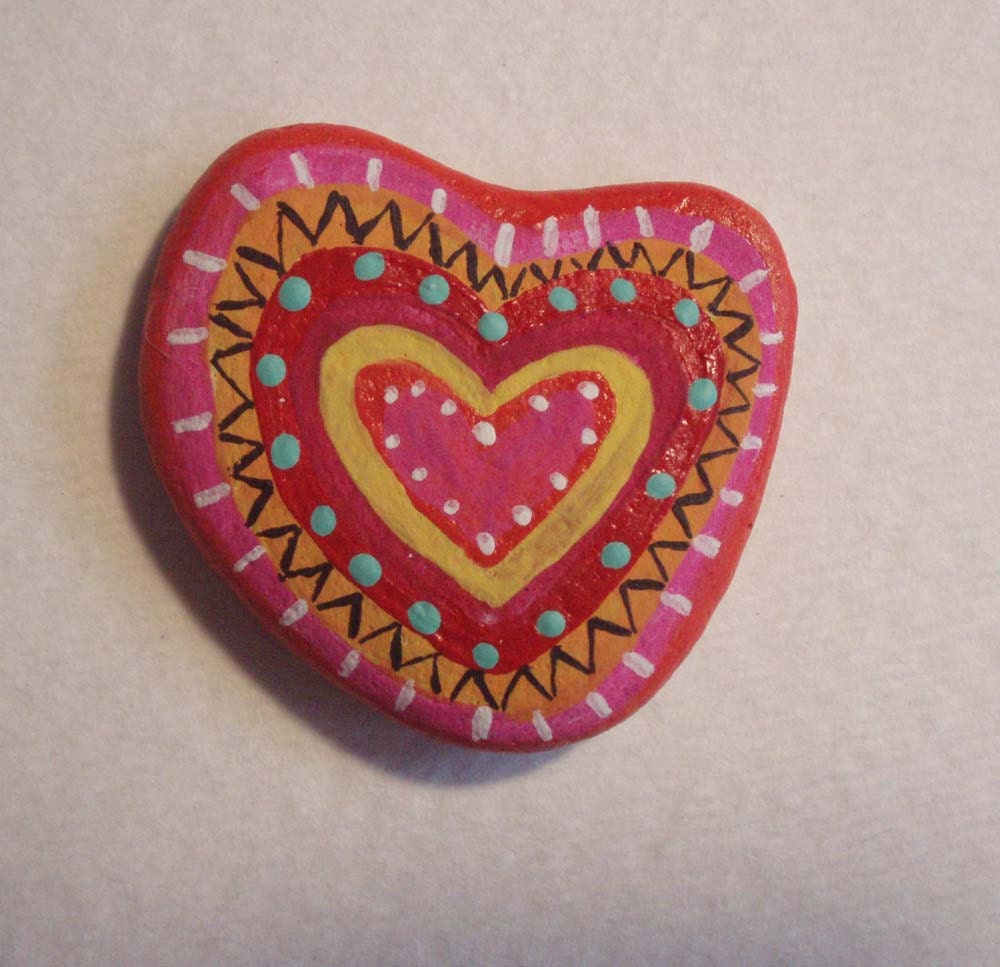 Multicolored Handpainted Heart Pin on Stone - geminiriverrocks