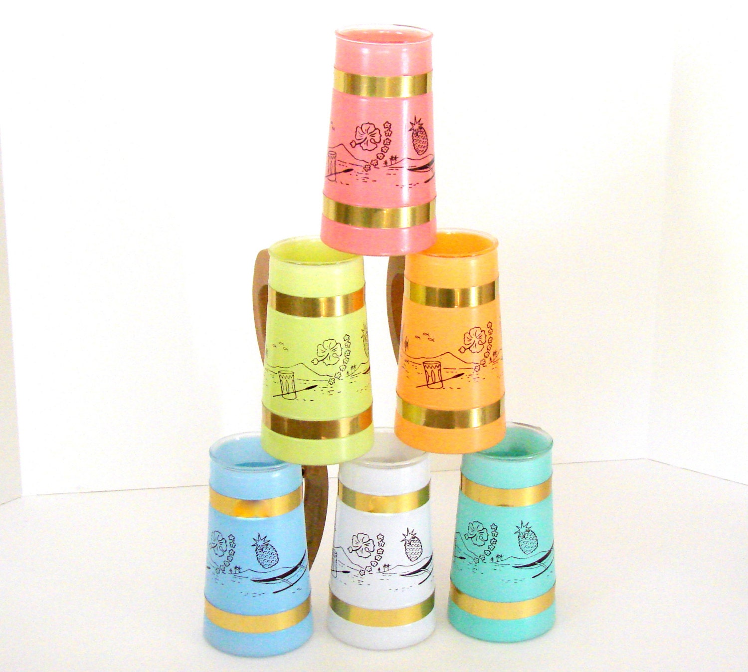 Set of Six Pastel Vintage Siesta Ware Tiki  Mugs