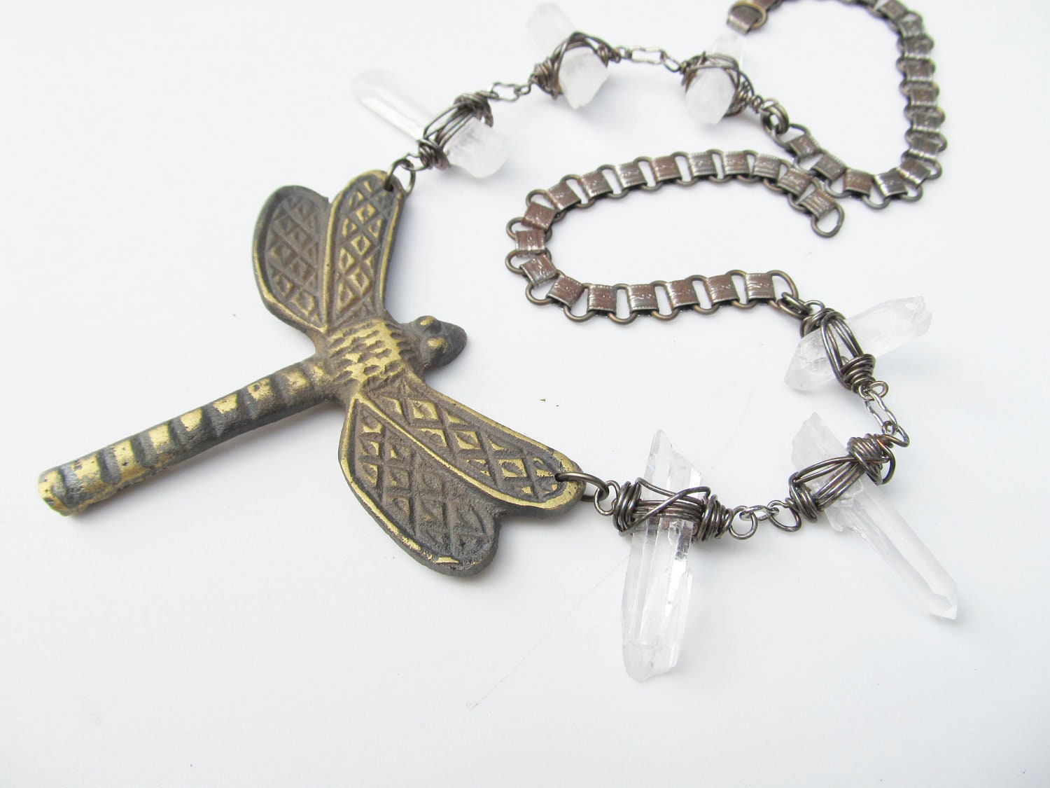 Bib Necklace Dragonfly Wire Wrap Quartz Crystal Point Silver Bookchain Rustic Jewelry Statement Necklace