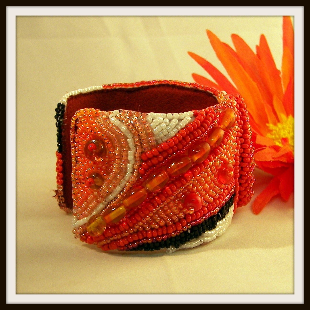 Tangerine Spice Bead Embroidered Cuff Bracelet