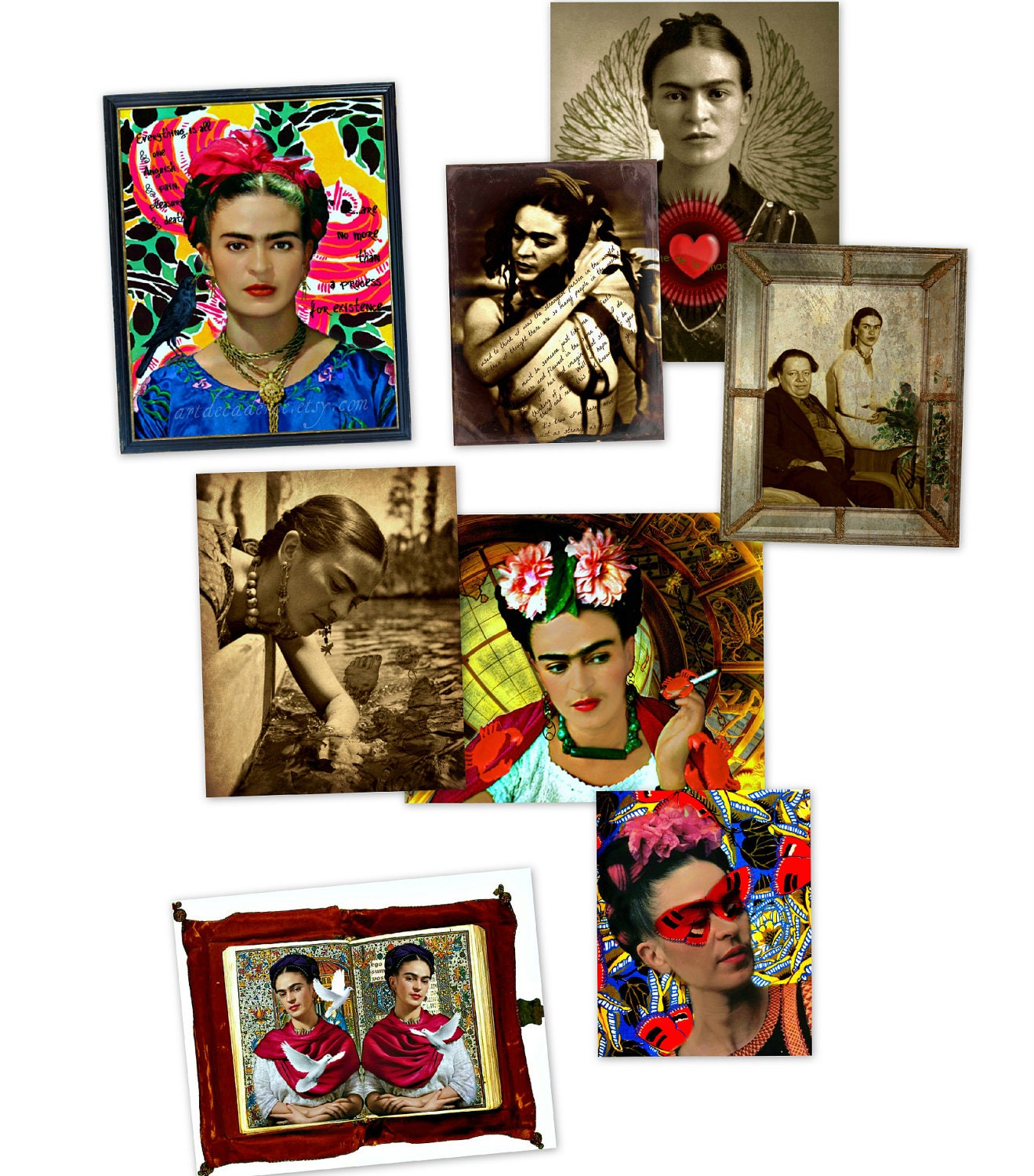 Frida Kahlo Postcards x 8 Original Digital Art Prints Mixed Media Collage Little Prints Snail Mail Card