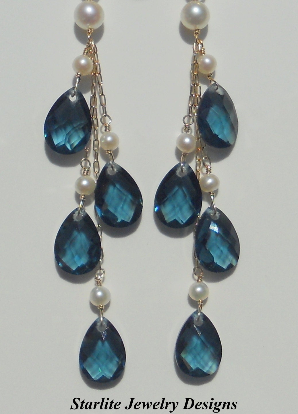 Vintage Austrian Sapphire Blue Crystal Drop Earrings - Accented with White Freshwater Pearls