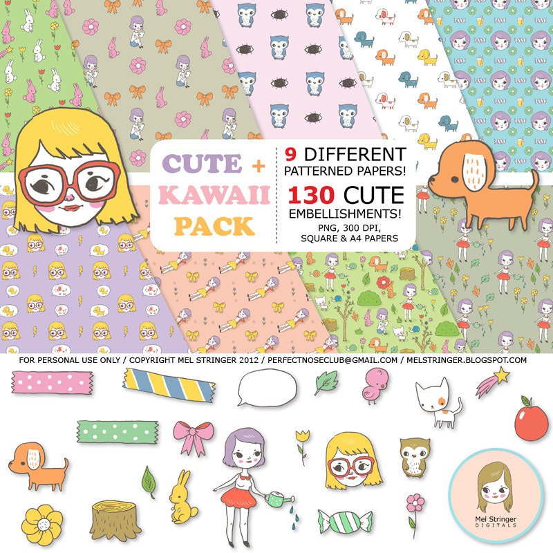 Digital Scrapbooking: Cute & Kawaii (130 embellishments -  kittens, puppies, owls, food, washi tape, girls, flowers)