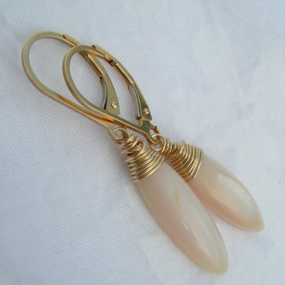 Pink Mother of Pearl Wire Wrapped Gold Fill Earrings