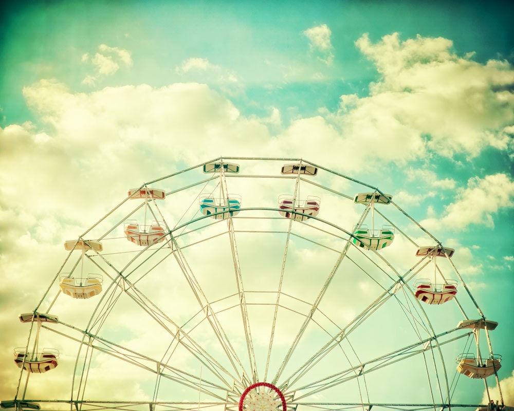 Nursery art, ferris wheel photography, carnival photo, golden sunset, circus wall art, teal gold turquoise print - 5x7 photograph