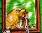 Walrus Flossing Bathroom picture animal Art Print on Stretched Canvas giclee12x16 inch