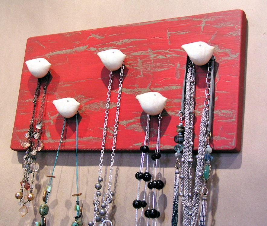 Christams gift ... Jewelry Wall Hooks Necklace and Scarf Organizer ... Handmade bird rack to hold all of your scarves, necklaces