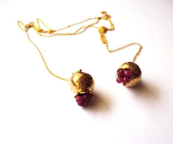 Pomegranate Necklace Gold plated with long wrap around chain.