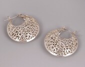 Large Sterling Earrings - Sterling Silver Large Shiny Lace Earrings - Big Basket Hoops