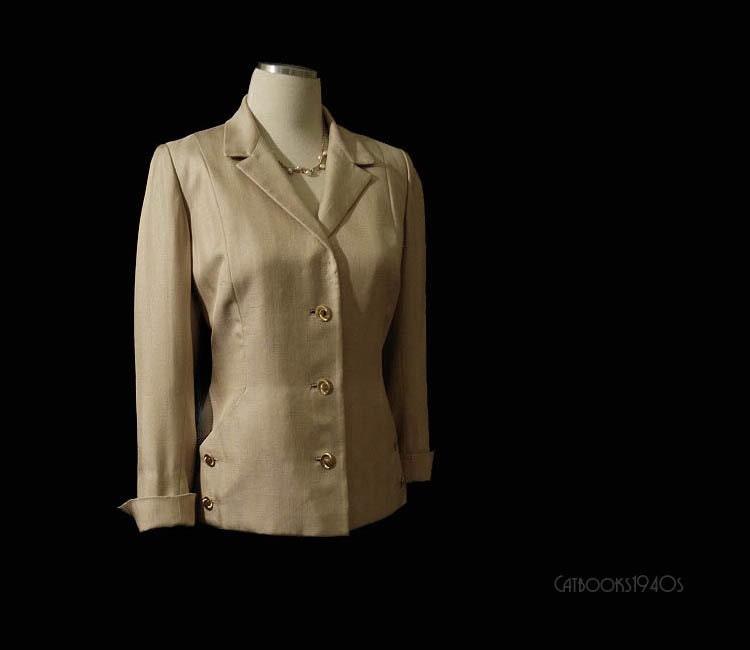 Vintage 60s Couture Jacket M L - Ecru Herringbone Silk Jacket