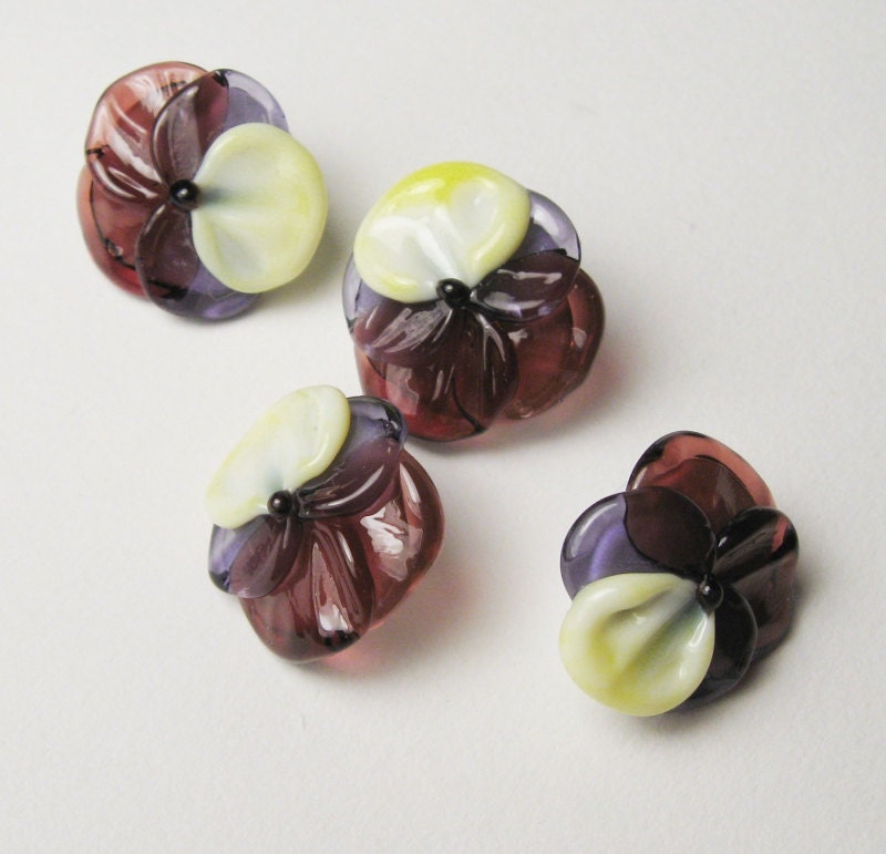 Lampwork Glass Button Beads PANSIES Handmade Artisan Crafted Supplies