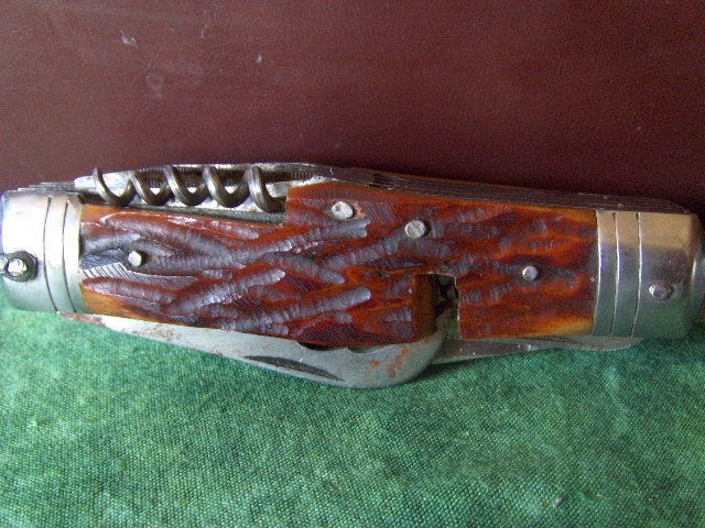 Antique Army Knife Swiss Style Survival Knife Eleven 11 Tools Stag Horn Insets with Leather Case