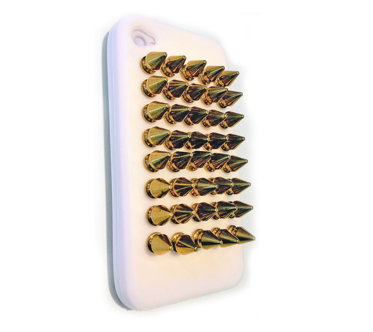 Weapon of Mass Communication: Spiked and studded iPhone case in Whtie/Gold