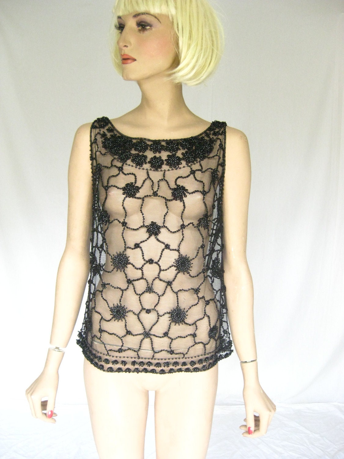 Vintage 50s Sheer Black Beaded Blouse