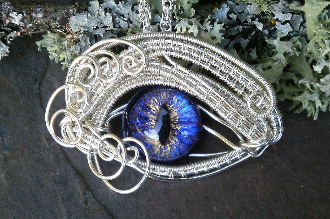 Gothic Steampunk Evil Eye Pendant with Purple Blue glass eye
