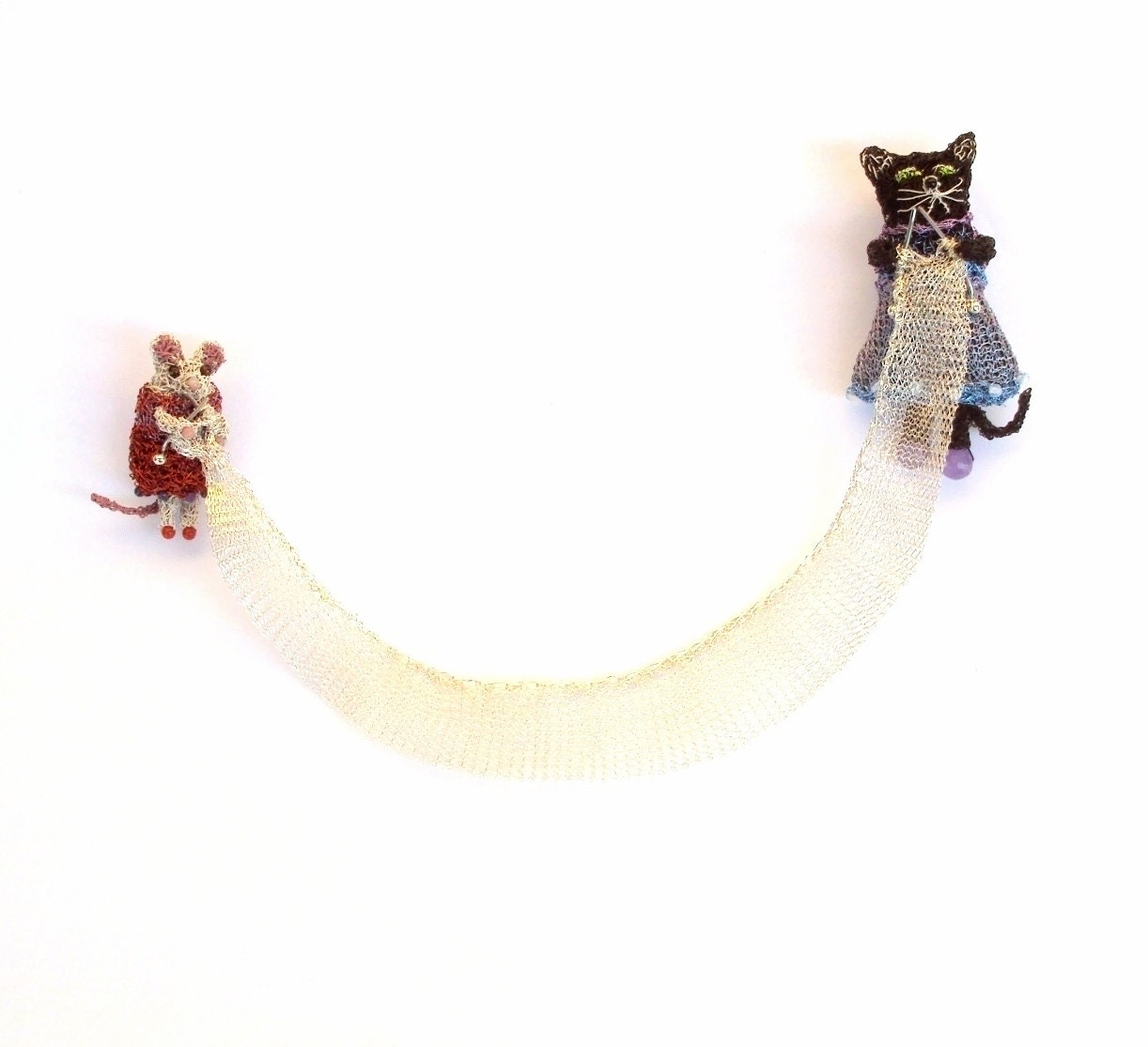 Cat and mouse knitting double brooch