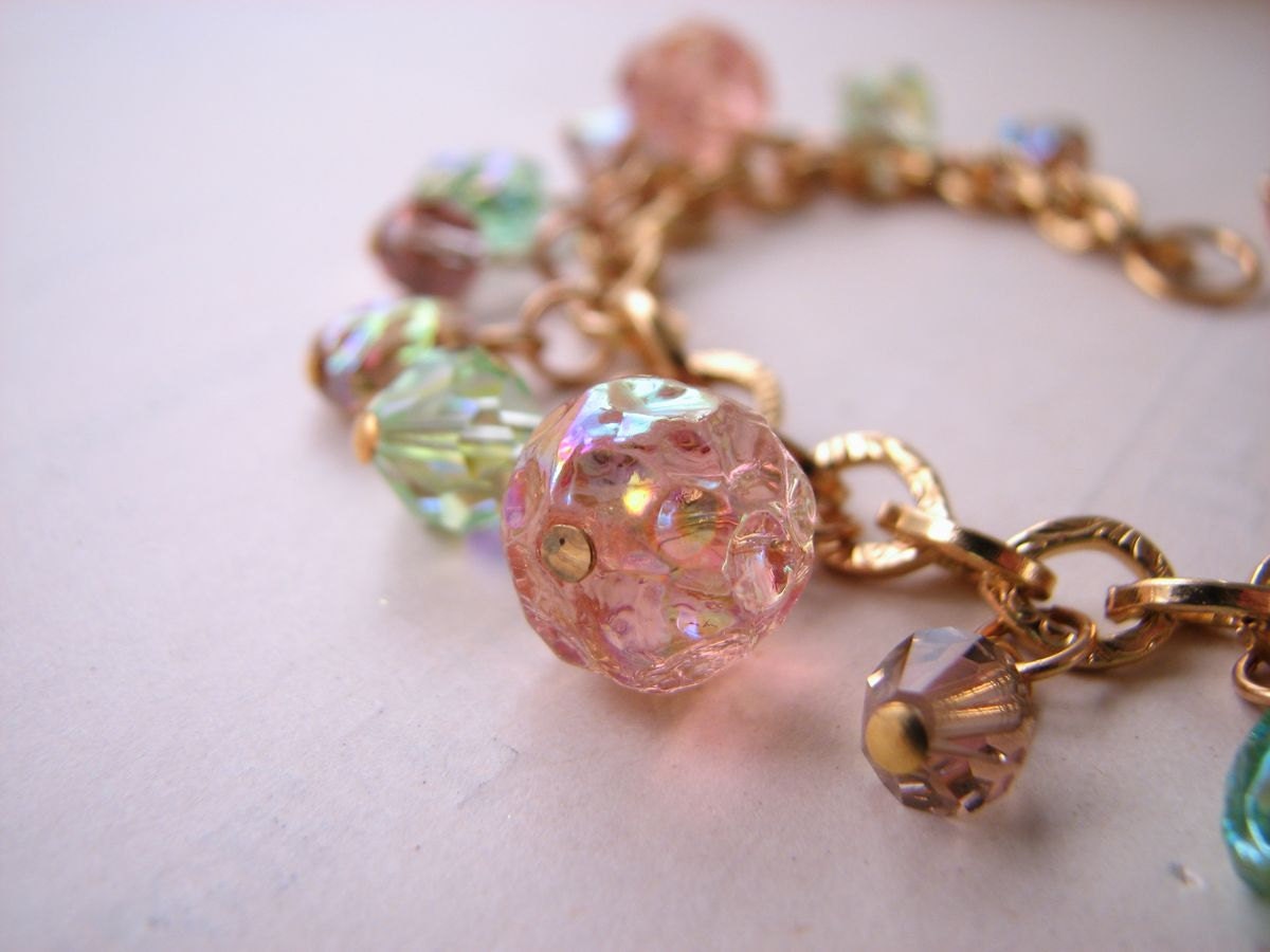 Peach Tea shabby charm bracelet with vintage glass beads