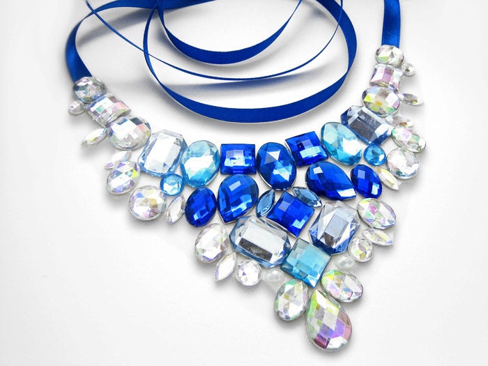 Bright Sapphire Blue and Clear Aurora Borealis AB Chunky Rhinestone Bib Necklace, Ice Princess Fantasy Statement