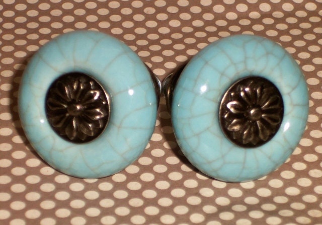 Cottage Chic Aqua Blue Metal Flower Crackle Ceramic Drawer Knob Pulls Set of 2